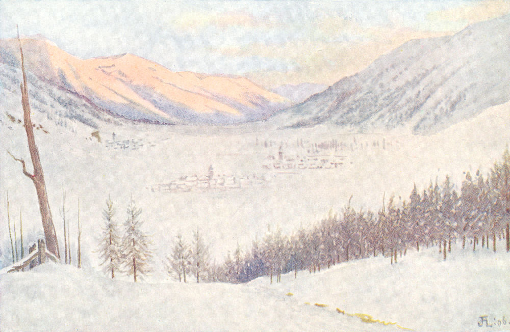 SWITZERLAND. Winter. Sunrise on Cresta, Celerina, and Samaden 1907 old print